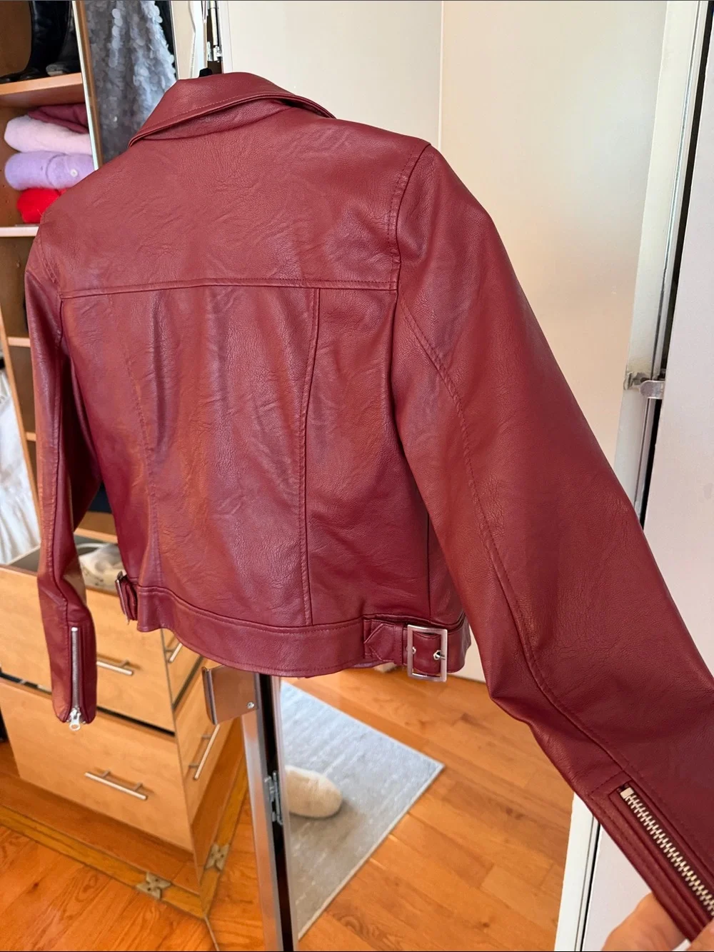 Women’s Red Faux Leather Moto Jacket